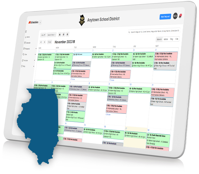 ML Schedules on tablet with icon of state of Illinois
